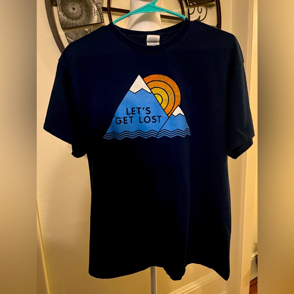 Men’s “Let’s get lost” tshirt. Dark blue. Size large. Excellent condition!